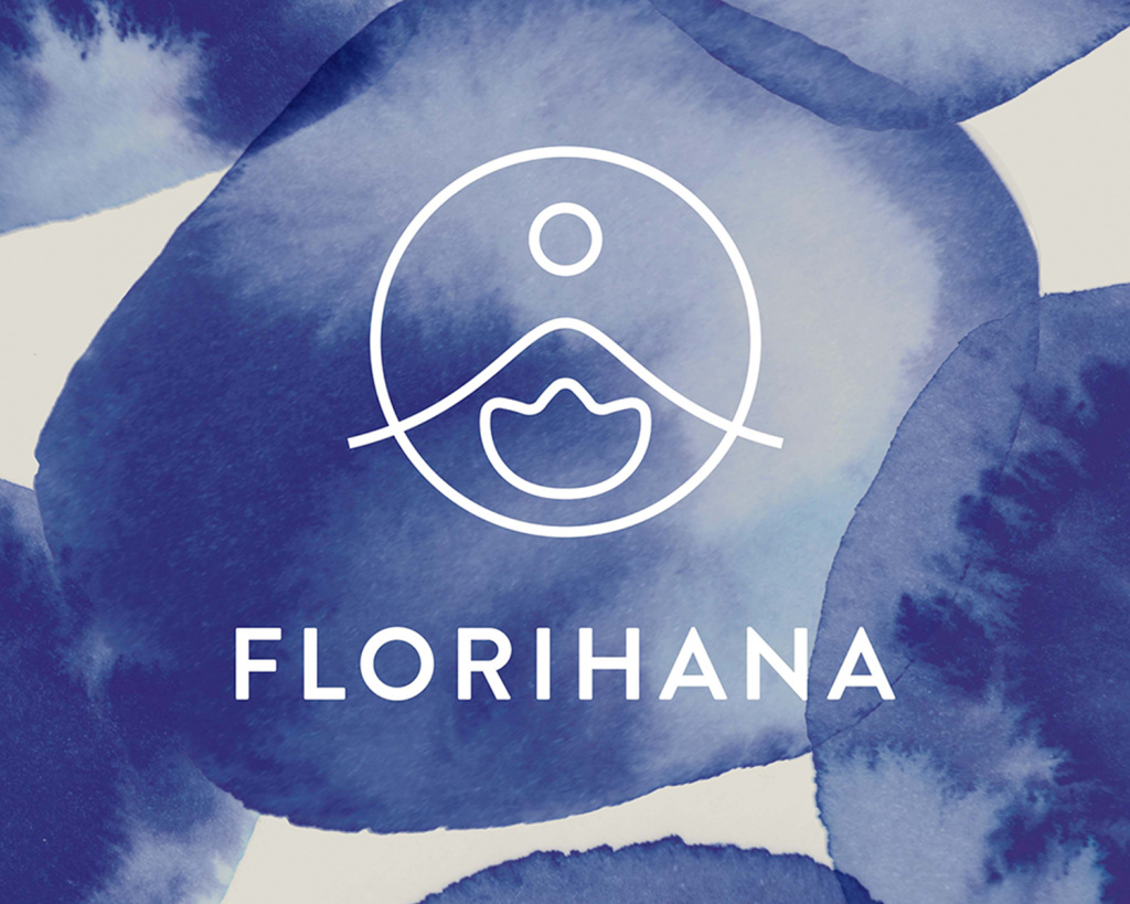 Florihana 太陽、山峰、流動線條與花朵 Logo 意象圖